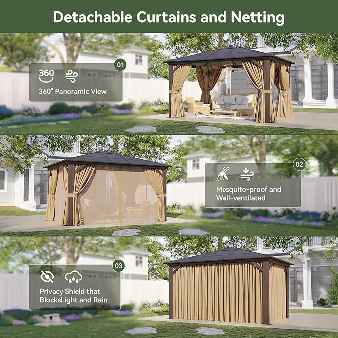 Aoxun 10' x 12' Gazebo Single Polycarbonate Top, Outdoor Aluminum Frame Permanent Gazebo with Curtains and Netting, for Patio, Party, Backyard, Garden and Lawn