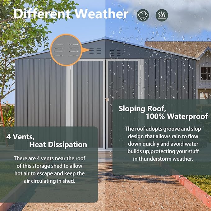 11x13FT Outdoor Storage Sheds with Floor Frame& Lockable Doors Garden Metal Shed Waterproof Galvanized Steel Tool Shed with Air Vents Sloping Roof Ideal for Backyard Patio Lawn Gray