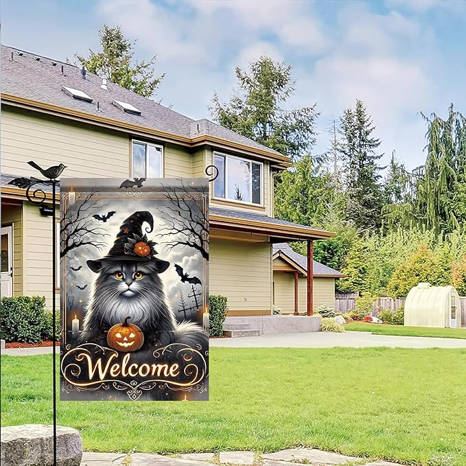 Halloween Garden Flag Maine Coon Cat Flag 12x18 Inch Double Sided Outdoor Holiday Yard Decoration Seasonal House Lawn Decor Porch Patio Farmhouse Outside Fall Welcome Banner