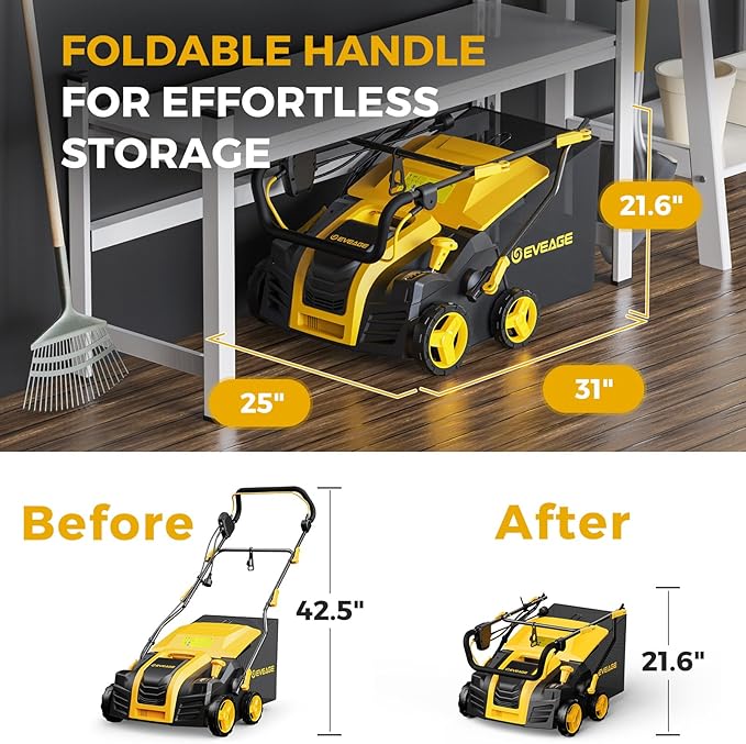 EVEAGE 16 Inch 2-in-1 Electric Dethatcher and Scarifier 5-Position Depth Adjustment,Lawn Dethatcher with 15 Amp Copper Motor, Removeable 14.5-Gal Collection Large Capacity Bag,Quick-Fold,Yellow