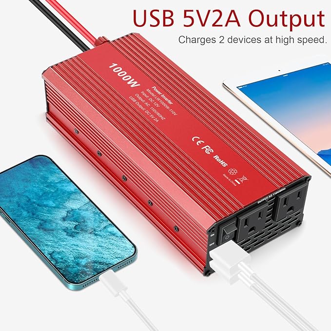 Fancy Buying 1000W/2000W(Peak) Power Inverter for Vehicles, DC 12V to 110V AC Converter with Dual AC Outlets and Dual USB Car Charger for Car Laptop Computer