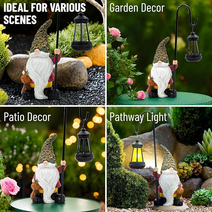 Garden Gnome with Solar Lantern, Maple Leaves Hat, Outdoor Garden Figurine Lights, Unique Gift for Women, Mom, Friends (Maple Leaves Gnomes)