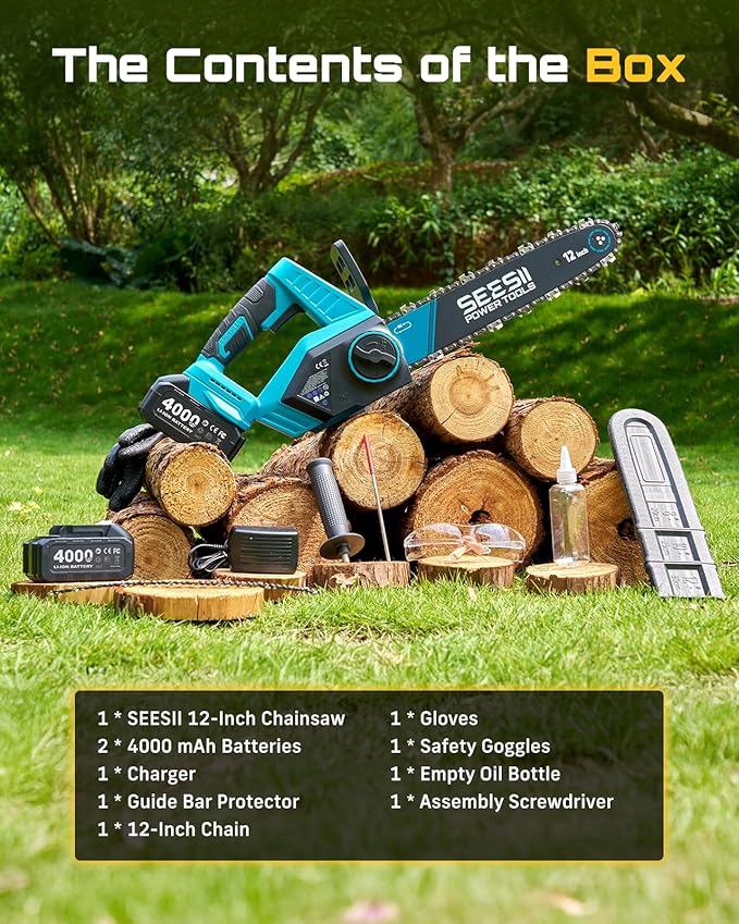 SEESII Chainsaw Cordless 12-inch, Handheld Chain Saw with 2 * 4.0Ah Batteries, Electric Saw with Tool-free Chain Tension, Auto Oiling for Wood Cutting Trimming Branch