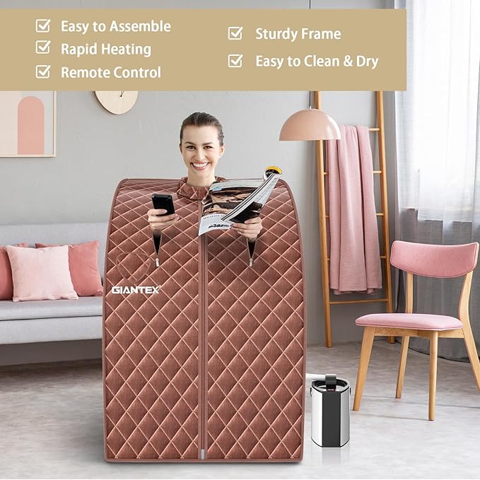 Giantex Portable Steam Sauna, Personal Therapeutic Sauna for Detox, Temperature & Timer Adjustable, 800W Sauna Box Spa w/Chair, 3L Steamer,Massage Roller,Mat,Remote Control, Home Sauna Tent (Coffee)