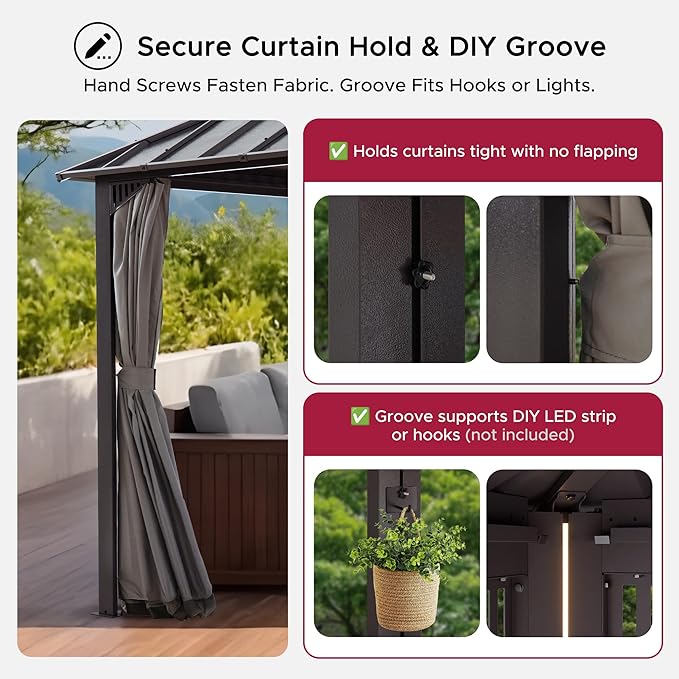 SUNJOY Kingston 16' x 12' Hardtop Gazebo with Galvanized Steel/Polycarbonate Double Roof, Curtain and Netting, Brown Aluminum Posts Permanent Pavilion Gazebo for Garden, Patio, Deck, Lawn