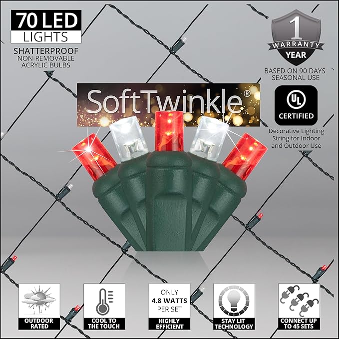 SoftTwinkle Pulsing Net Twinkle Lights, Net Lights Outdoor Twinkling Christmas Lights, Green Wire (70 Lights, 4’ x 6’ Net, Red/Cool White)