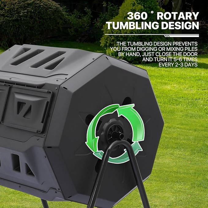 MoNiBloom 43 Gallon Compost Tumbler, Outdoor BPA Free Large Dual Chamber Tumbling Compost Bin All-Season Fast Working Tumbling Composter, High Volume Composter with 2 Sliding Doors