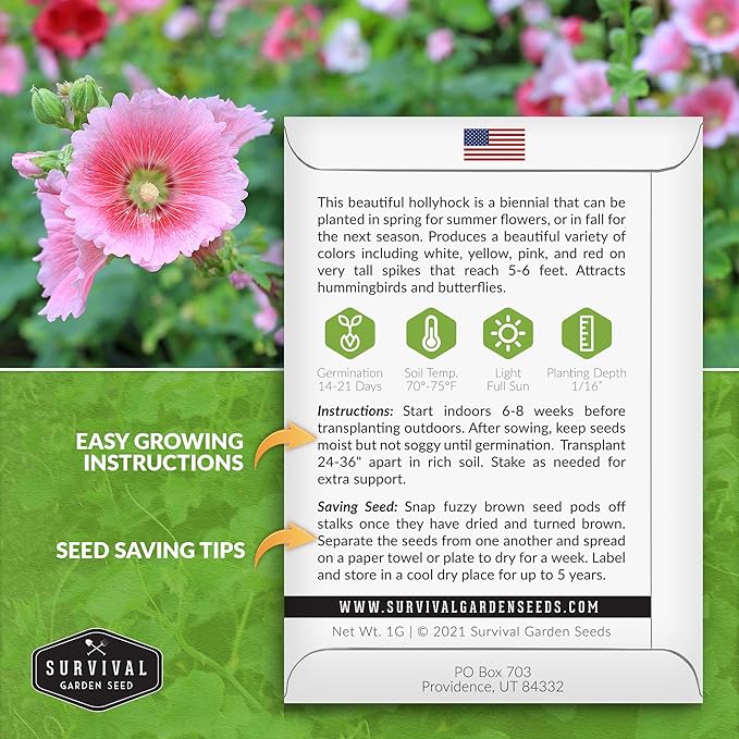 Survival Garden Seeds - Single Mixed Hollyhock Seed for Planting - Packet with Instructions to Plant and Grow Colorful Spikes of Flowers in Your Home Vegetable Garden - Non-GMO Heirloom Variety
