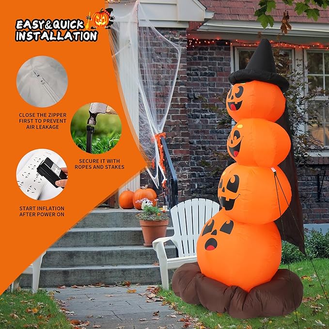 DearSun 6FT H Halloween Inflatable Stacked Pumpkins with Witch’s Hat, Blow up 4 Pumpkins Inflatable with Build-in LED Lights Outdoor Decorations Large Party Yard Decoration
