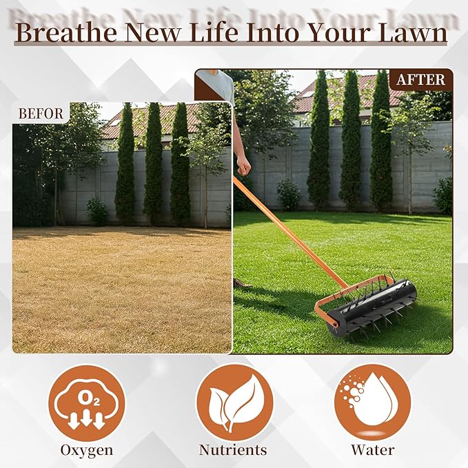 VINGLI Lawn Aerator, 17 inch Heavy Duty Lawn Aerator Tool, Rolling Aerator Lawn Tool with 42 Spikes for Garden Yard Patio Maintaining, Orange & Black