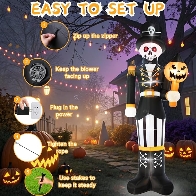 10FT Halloween Inflatables Outdoor Decorations Giant Scary Skeleton General with Pumpkin, Built-in LED Lights, Holiday Yard Garden Party Blow Up Spooky Lawn Décor