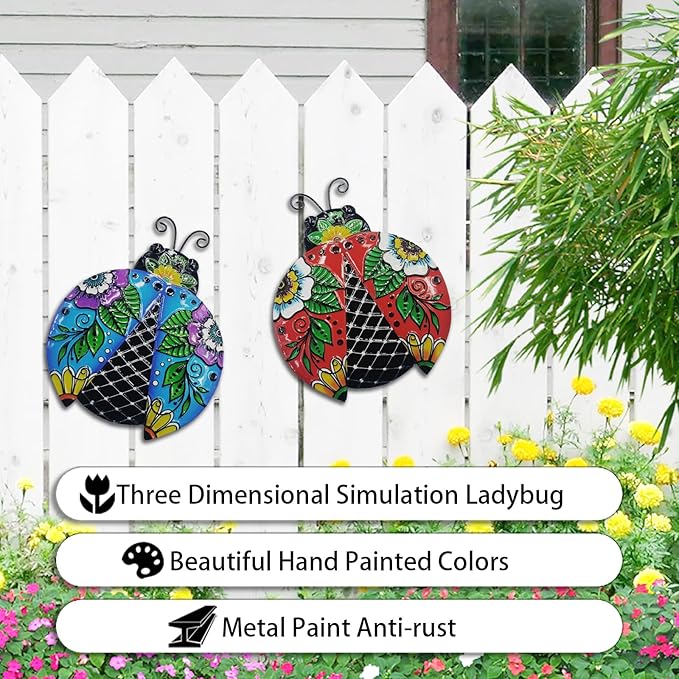 John's Studio 2Pcs Metal Ladybug Wall Decor Outdoor Garden Hanging Art Sculptures Home Ocean Theme Decorations for Kitchen Bathroom and Pool