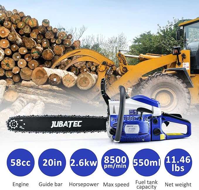58cc Gas Chainsaw 2-Cycle Engine Gas Powered Chainsaws 20 Inch Petrol Handheld Cordless Gasoline Chain Saw for Cutting Wood Tree Trimming Farm Garden