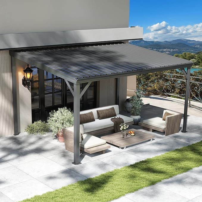 10x12FT Lean to Gazebo, Outdoor Hardtop Wall Mount Gazebo with Gutter & Sloping Galvanized Steel Roof, Metal Hard Top Awnings for Deck, Porch, Backyard
