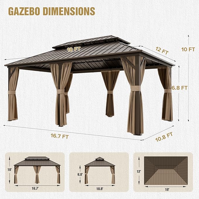 COOS BAY 12x18 Hardtop Gazebo with Aluminum Frame, Galvanized Steel Double Roof Outdoor Pavilion with Netting and Curtains, Dark Brown/Tan