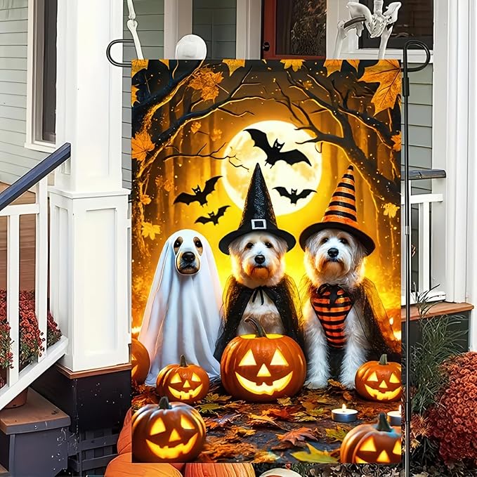 Halloween Ghost Dog Garden Flag Scary Pumpkin Cute Dogs Trio in Witch and Ghost Garden Flag Vertical Double Sided 12x18 Inch Welcome Yard Flag for Halloween Farmhouse Holiday Yard Outdoor
