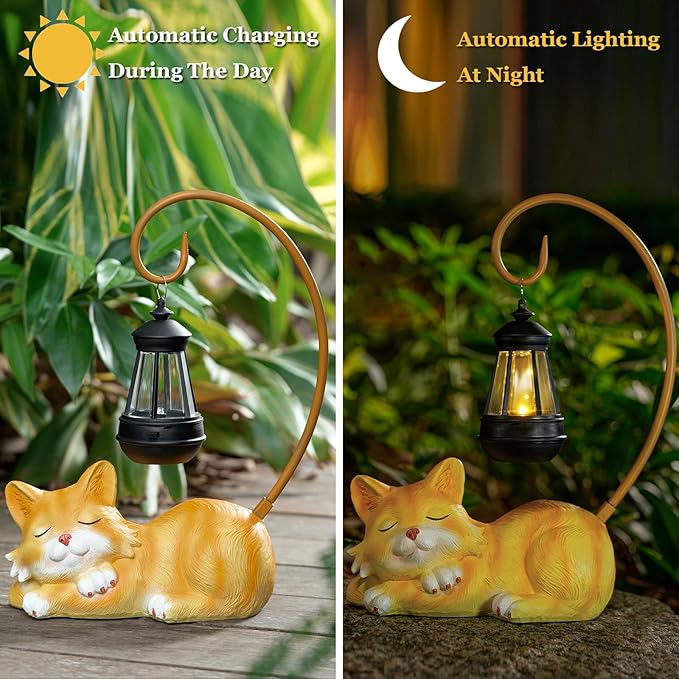 Outdoor Cat Figurine Garden Statue with Solar-Powered LED Light 13.77 Inches Tall Gift Garden Statue Decor for Cat Lovers Yellow