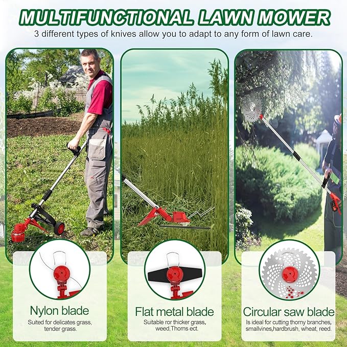 Cordless Weed Wacker, 9-inch Electric Weed Wacker Battery Powered with 2 Pcs 4.0Ah Batteries, 3 in 1 Wheeled Grass Lawn Trimmer/Brush Cutter,3 Types Blades Lightweight Edger Trimmer for Yard Care