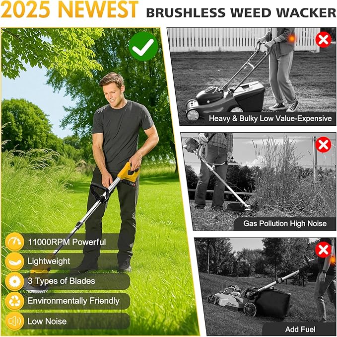 21V Electric Weed Wacker, Cordless Grass Trimmer with 2x2.0Ah Batteries & Fast Charger, Stringless Lightweight Brush Cutter/Edger/Mower/Trimmer with 4 Types Blade for Yard & Garden