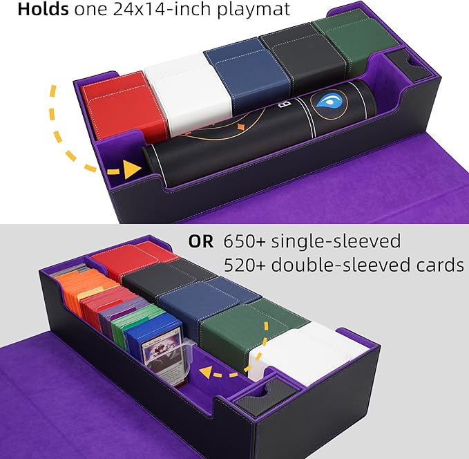 AFIING Mtg Deck Box Holds 5 Display Card Deck Boxes with Mtg Playmat & Dice Box,10 Dividers,1Card supporter, Trading Card Storage Box for Magic Yugioh Sports Cards (Black &Purple)