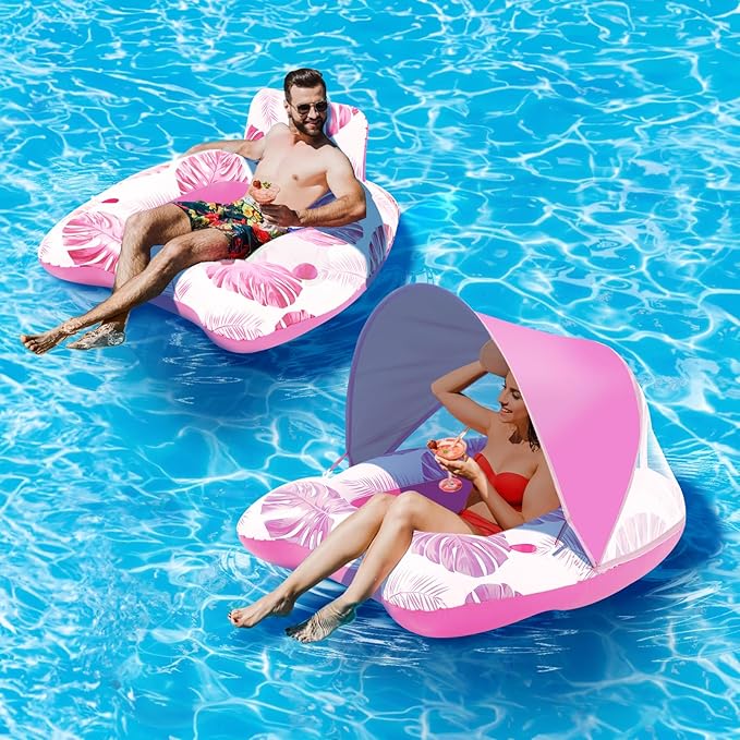 【Upgraded】 Pool Floats Adult with Canopy, XL Inflatable Pool Floaties for Adults Heavy Duty, Pool Chair and Lounge for Swimming in Pool Beach Lake, Float for Pool Floating with Cup Holder, Backrest
