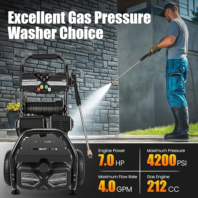 Professional 4200PSI 4GPM 212CC Gas Pressure Washer, 7.0 HP Commercial Gas Power Washer with 3L Foam Bottle 10" Wheels 5 Nozzles 33FT Hose for Home Car Fence Driveway (EPA/CARB/ETL Compliant) 77LBS