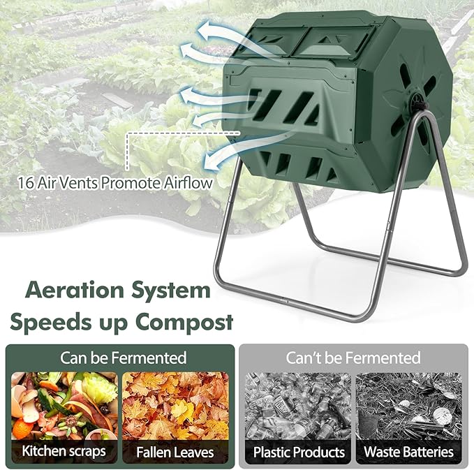 S AFSTAR Composter Tumbler Outdoor, 42-Gal Dual Chamber Tumbling Composter with 2 Sliding Doors, Metal Frame, BPA-Free Large Rotating Compost Bin Tumbler for Garden Yard Waste (Green)