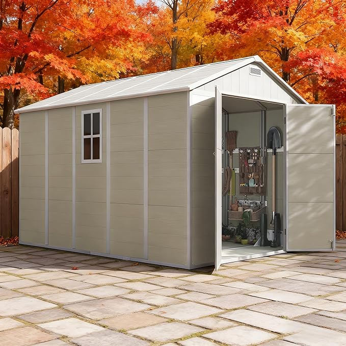Outdoor Shed 5x3/6x4/7x7/8x6/8x10/8x12 FT, 15MM Thick PP Resin Plastic Shed with Lockable Door & Floor - Waterproof Plastic Tool Shed for Bike, Garbage Can, Backyard, Patio ﻿ ﻿ (Light Brown, 8x12FT)