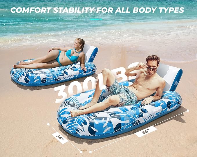 Pool Floats Adult 1-2-3 Person Inflatable Lounger, Extra Large Tanning Recliner Floaty Chair Raft with Backrest, Footrest, Cup Holder for Pool, Lake, River, Beach, Ocean & Party Use