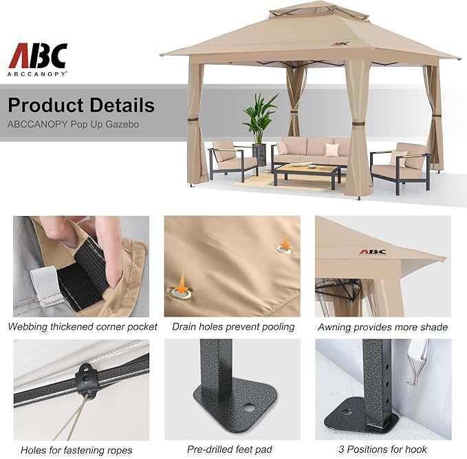ABCCANOPY 13x13 Pop Up Gazebo, Outdoor Canopy Tent, Instant Screened Shelter with Mosquito Netting for Patio, Garden, Backyard, Party, Camping (Khaki)