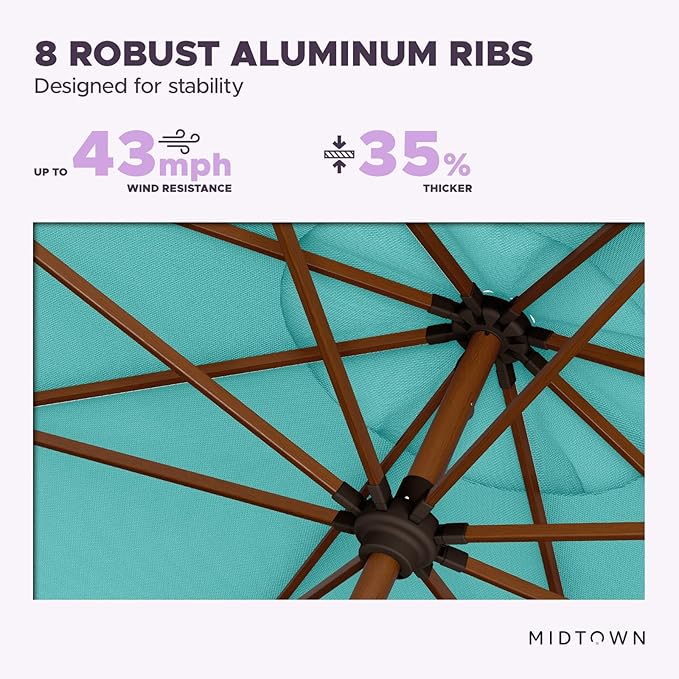Midtown Umbrellas Sunbrella Outdoor Patio Umbrella, 9 Feet, Sunbrella Aruba Acrylic Fabric, Auto-Tilt Aluminum Frame, Wooden Pole