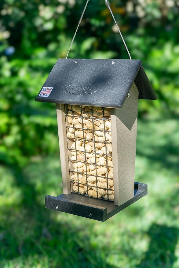 DutchCrafters Plastic Poly Hanging Whole Peanut Bird Feeder for Large Birds, Woodpeckers, Crows, Blue Jays for Outdoor, Garden, Yard - USA Amish Made (Black & Weatherwood)