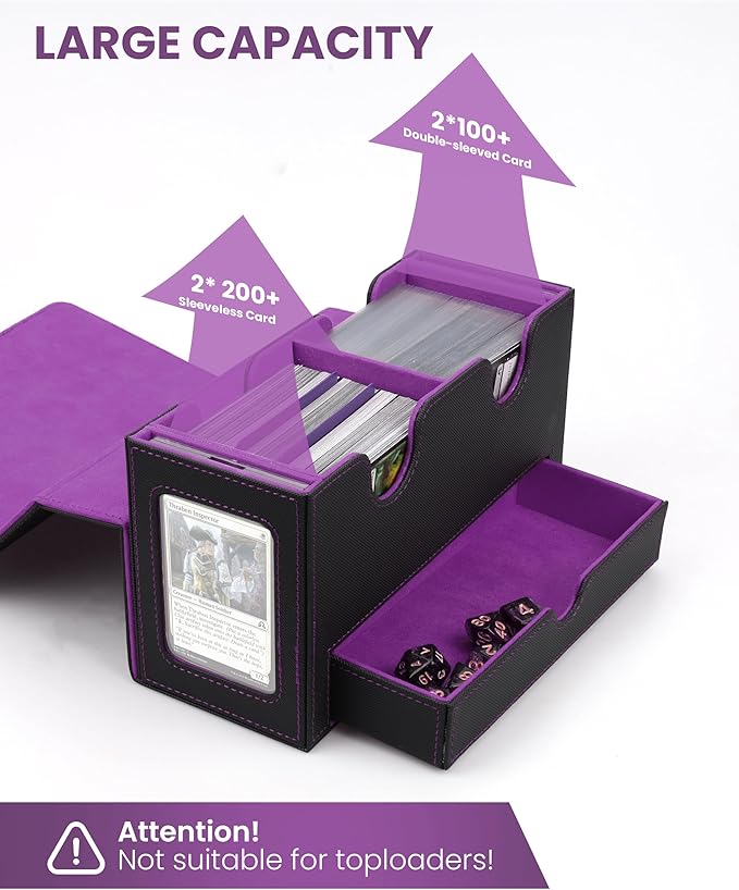 MRAUF MTG Deck Box with Double Commander Display and Dice Tray, Fits 200+ Double Sleeved Cards, Card Storage Box Plus 2 Magnetic Holders& 100Pcs Card Sleeves (Black& Purple)