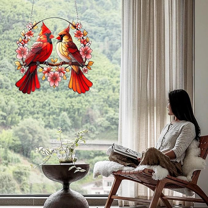 Acrylic Window Hanging Cardinal Suncatcher Decor,Red Bird Suncatcher Panel Outdoor Wall Art Stained Panel Hangings Gift for Home Garden Ornament for Birds Lover
