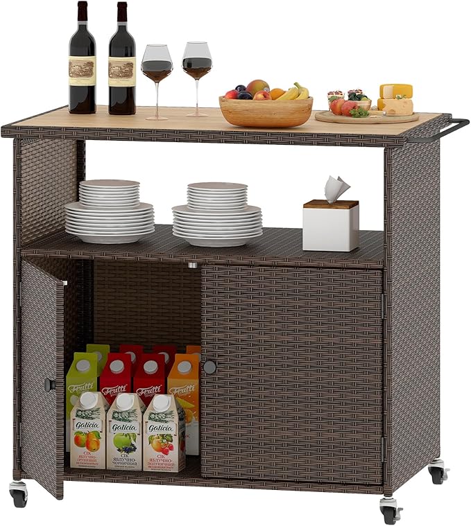 Tangkula Rattan Outdoor Storage Cabinet, Patiojoy PE Wicker Outdoor Cabinet with Acacia Wood Countertop, Open Compartment, Storage Shelf, Outdoor Bar with 4 Wheels for Garden Backyard Deck