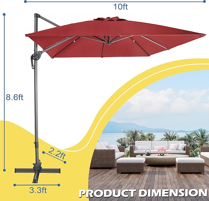 Sunnyglade 10x10Ft Cantilever Patio Umbrella Square 360° Rotation & Integrated Tilting System Offset Umbrella with 8 Sturdy Ribs, Fade-resistant & Waterproof for Garden Backyard Poolside Deck