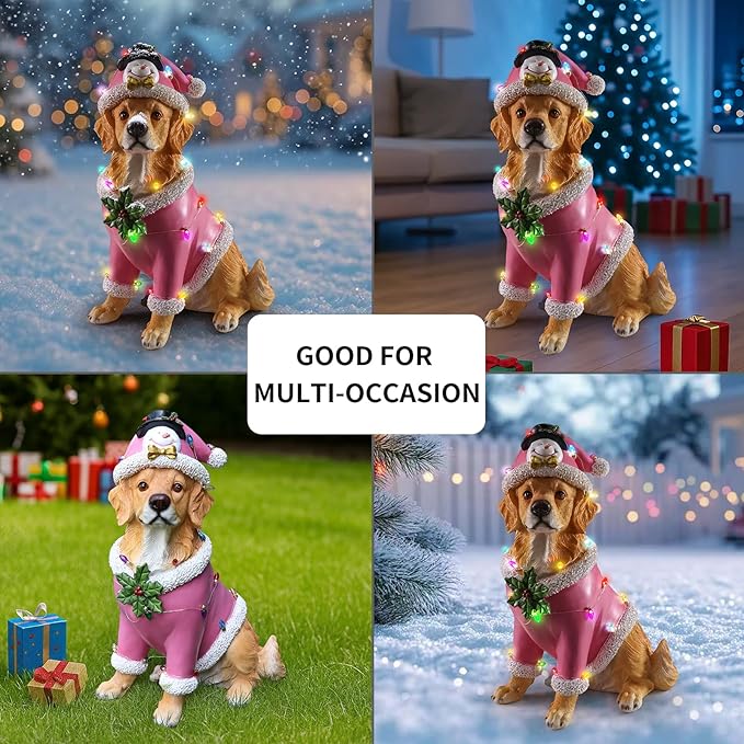 Christmas Outdoor Decoration Dog Statue, LED Light Cute Golden Retriever Dog Sculpture with Pink Santa Outfit & Lights for Garden and Yard, Indoor Holiday Décor Gift for mom and dad