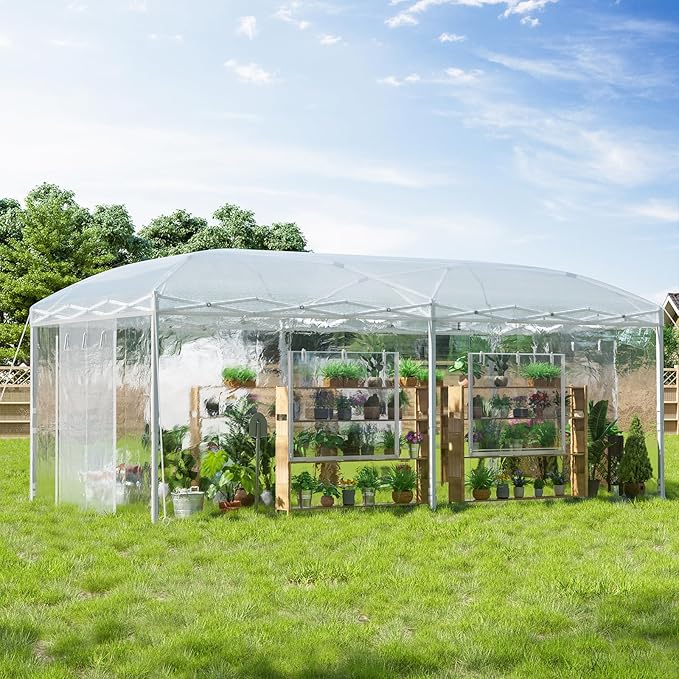 AMERLIFE 19.2×10×8.5 FT Pop-up Greenhouses for Outdoors Indoor with Adjustable Durable Frame, Portable Walk in Greenhouse with 2 Roll-up Zipper Doors, Windows and PE Cover, White