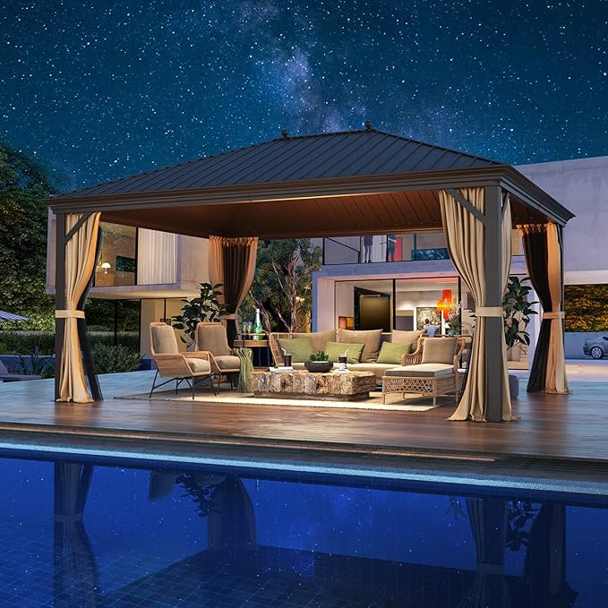 MELLCOM 12'x16' Hardtop Gazebo, Galvanized Steel Metal Double Roof Canopy with Curtains and Netting, Brown Permanent Pavilion Gazebos with Aluminum Frame for Garden, Patio, Lawns, Deck