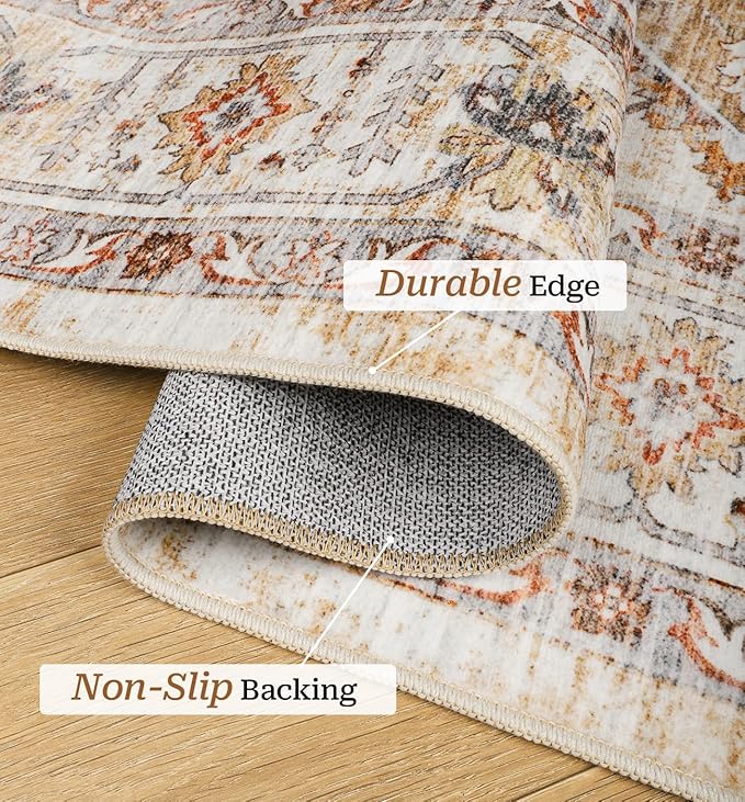 10x14 Area Rugs,Ultra-Thin Washable Rugs for Living Room,Non-Slip Lightweight Foldable Area Rug,Stain Resistant Vintage Large Rugs (Turmeric/Grey, 10'x14')
