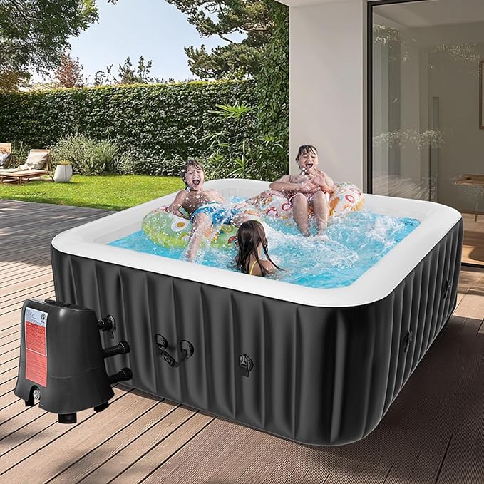 LILYPELLE 2-4 Person Inflatable Hot Tub, Large Square Portable Hot Tub with 120 Bubble Jets, Outdoor Spa Set Included Heater Pump, Filter and Spa Cover, 60" X 60" X 25"
