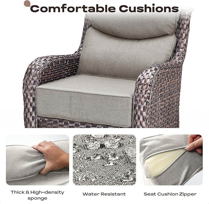 Rilyson Outdoor Patio Swivel Rocker Chairs Set of 2, Waterproof Wicker, High Back, Deep Seating, Wide Armrest, Upgraded 6 inch Thick Cushions, Ideal for Deck Porch Backyard, Brown/Beige