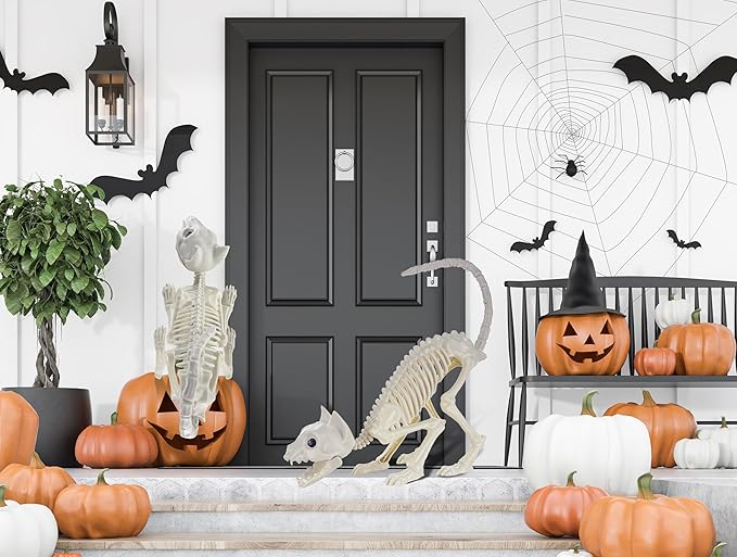 GIFTEXPRESS 2 Pack Real Size Cat Skeleton - 20" Long Creepy Kitten Skeletons with Posable Tail Halloween Decor - Indoor & Outdoor Haunted House Scary Animal Party Decoration