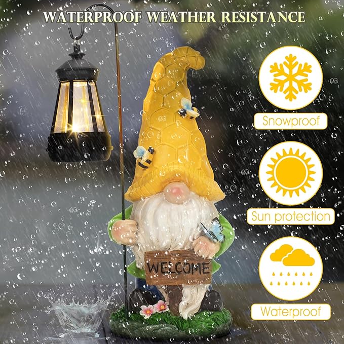Garden Gnome Statue Solar Statue with LED Lantern, Resin Gnome Figurine Ornament for Patio Yard Lawn Porch Outdoor Decor