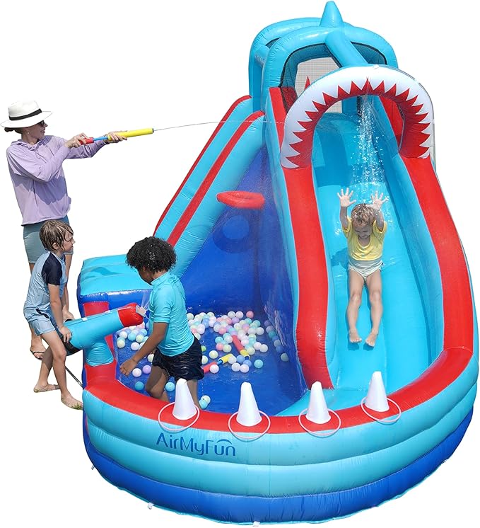 AirMyFun Bounce House, Sharks Theme Inflatable Bouncy House with Slide, Kids Bounce House Water Park with Slides Bouncer Castle with Splash Pool, Climbing Wall, Ball Shooting