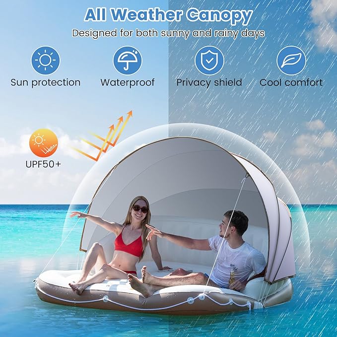 Moccha Inflatable Island with Canopy - 440 lbs Party Floats with SPF50+ Retractable Detachable Sunshade & 3 Pillows, 2-3 Person Tanning Lounger, 73” Pool Daybed, Floating Island for Lake