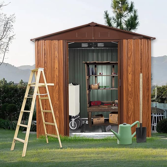 6x6 ft Outdoor Metal Storage Shed with Floor Foundation and Window, Lockable Galvanized Steel Tool Shed with Sliding Door and Air Vent, Waterproof Garden Storage House for Backyard, Patio