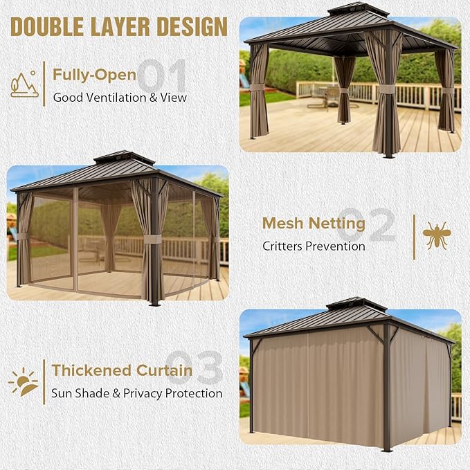 COOS BAY 12x12 Hardtop Gazebo with Aluminum Frame, Galvanized Steel Double Roof Outdoor Pavilion with Netting and Curtains, Dark Brown/Tan