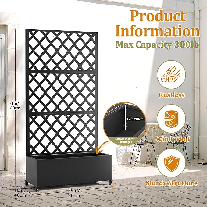TOAOTBNBO Metal Planter Box with Trellis, Heavy-Duty Raised Garden Bed for Climbing Plants, Drainage Hole, Outdoor Planter Box with Privacy Screen，35''L×16''W×71''H