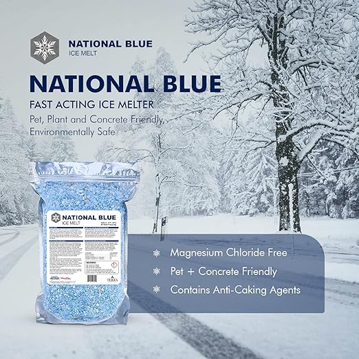 National Blue Snow Salt Ice Melt 20lb Bag - Fast Acting Ice Melter - Pet, Plant and Concrete Friendly, Environmentally Safe - Free of Magnesium Chloride - Melts to -15°F